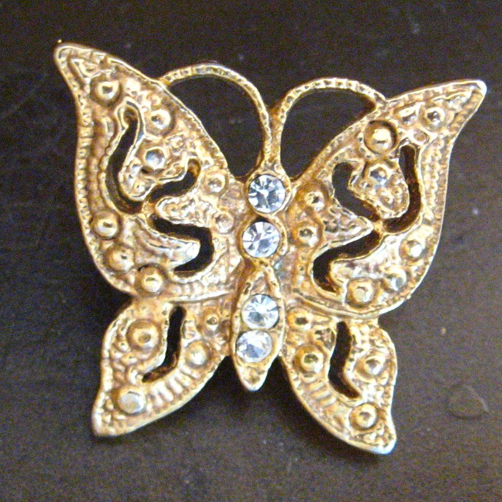Mid Century 1960's Gold Diamond Rhinestone Butterfly Brooch